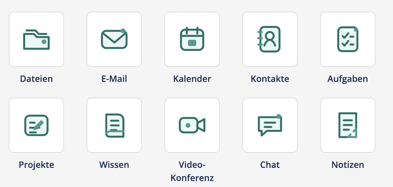 Overview of the 10 AUTARQ Desk apps: files, email, calendar, contacts, tasks, projects, knowledge, video, chat, notes